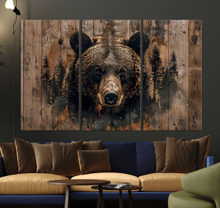 Rustic Grizzly 399 Wall Art is showcased against wood panels with forest silhouettes.