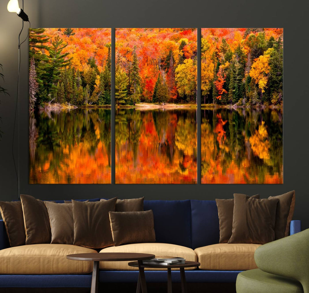 Autumn Forest Reflection Wall Art | Triptych Canvas Print | Vibrant Fall Foliage Wall Decor | Nature-Inspired Cabin Wall Art for Living Room