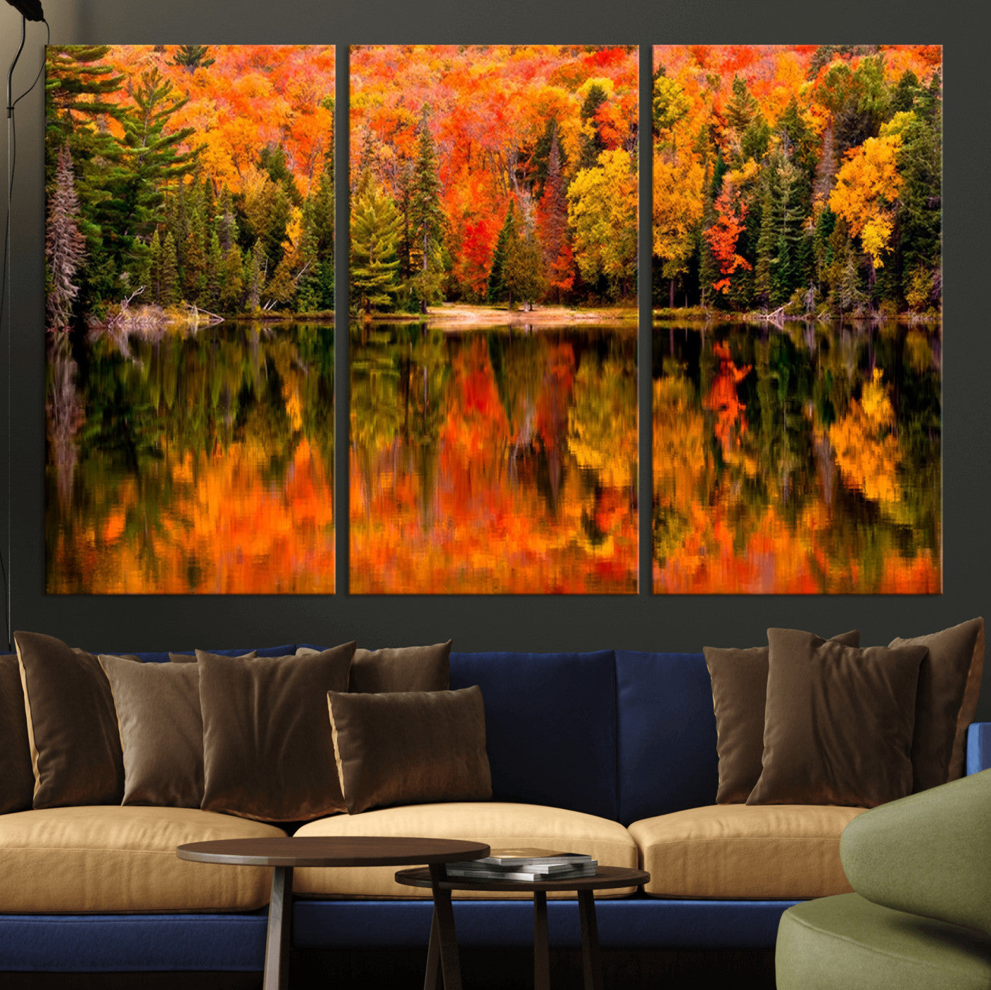 MGV-CV-48X32-3P - Forest Reflection Art | Autumn Forest Reflection Wall Art | Triptych Canvas Print | Vibrant Fall