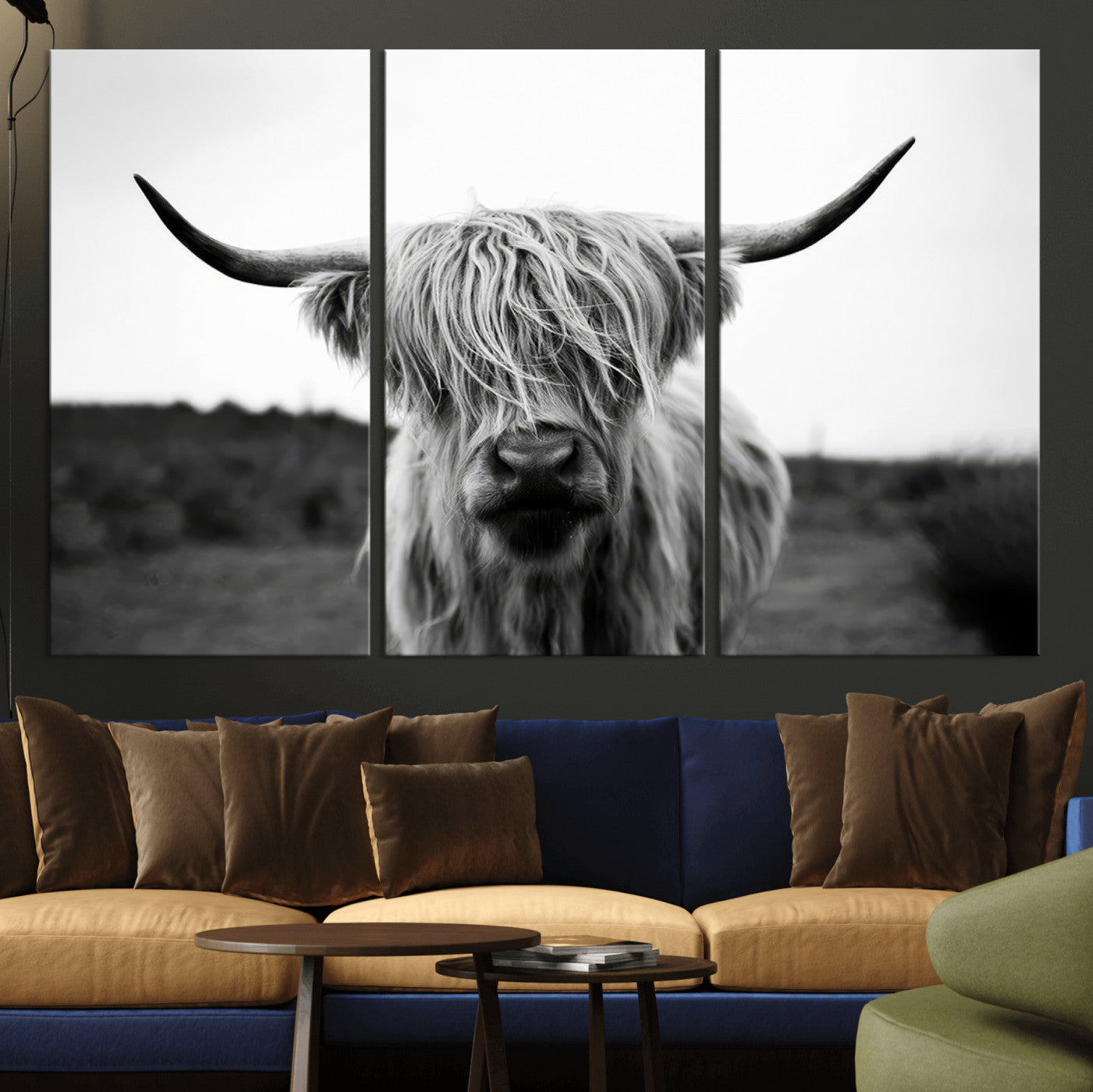 MGV-CV-48X32-3P - Highland Cow Wall Art | Black and White Farmhouse Decor | Triptych Canvas Print | Rustic Barn Decor