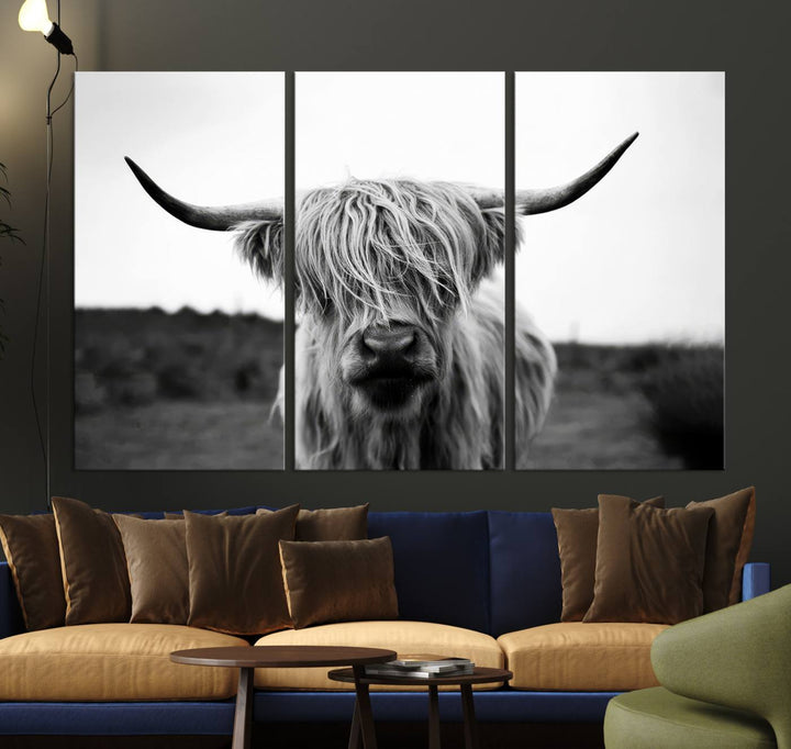 Highland Cow Wall Art | Black and White Farmhouse Decor | Ready to Hang Triptych Canvas Print | Rustic Barn Decor | Scottish Highland Cattle Art Print