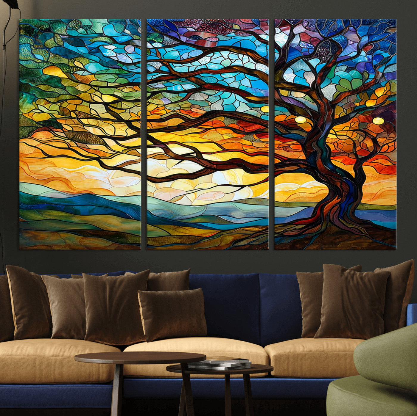 MGV-CV-48X32-3P - Vibrant Mosaic Tree of Life Wall Art | Stained Glass Style Canvas Print | Ready to Hang Artistic