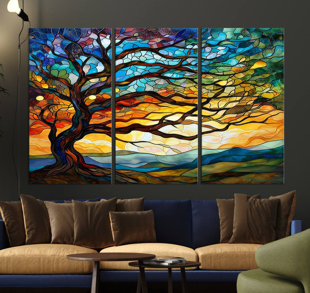 Mosaic Tree Wall Art | Ready to Hang Stained Glass Style Canvas Print | Farmhouse Wall Decor, Cabin Wall Art, and Unique Nature Home Decor