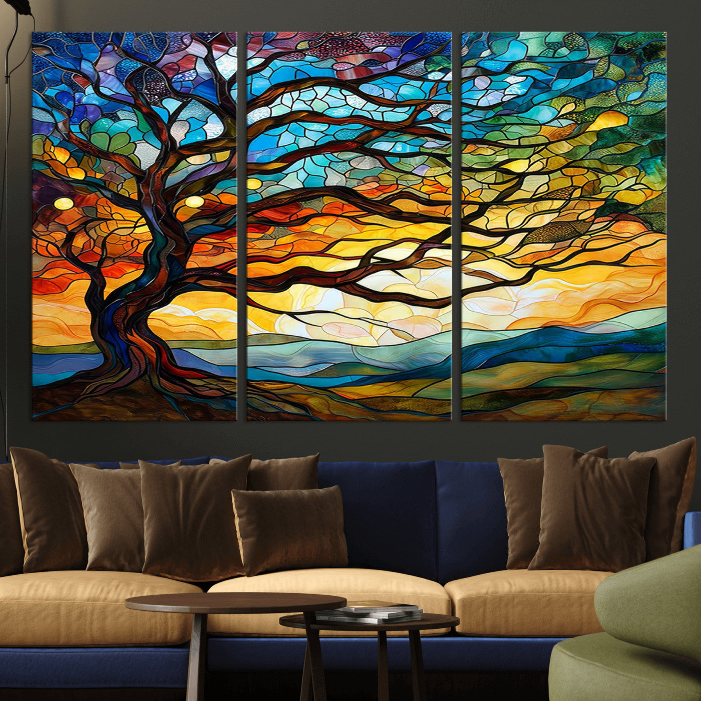 MGV-CV-48X32-3P - Mosaic Tree Wall Art | Ready to Hang Stained Glass Style Canvas Print | Farmhouse Wall Decor, Cabin