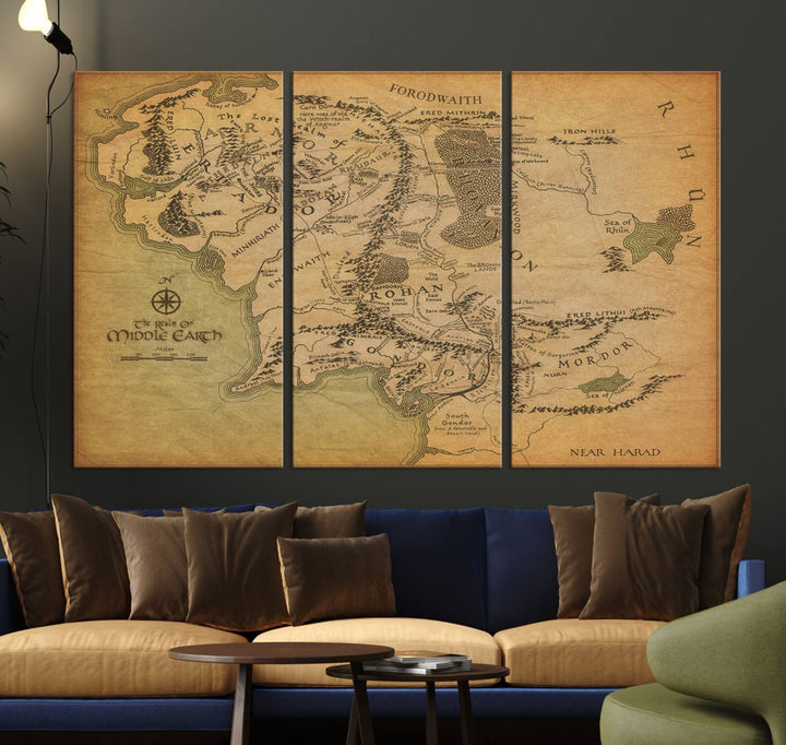 Vintage J.R.R. Tolkien Middle-Earth Map 3 Panel Canvas, perfect as wall art for home or office decor.