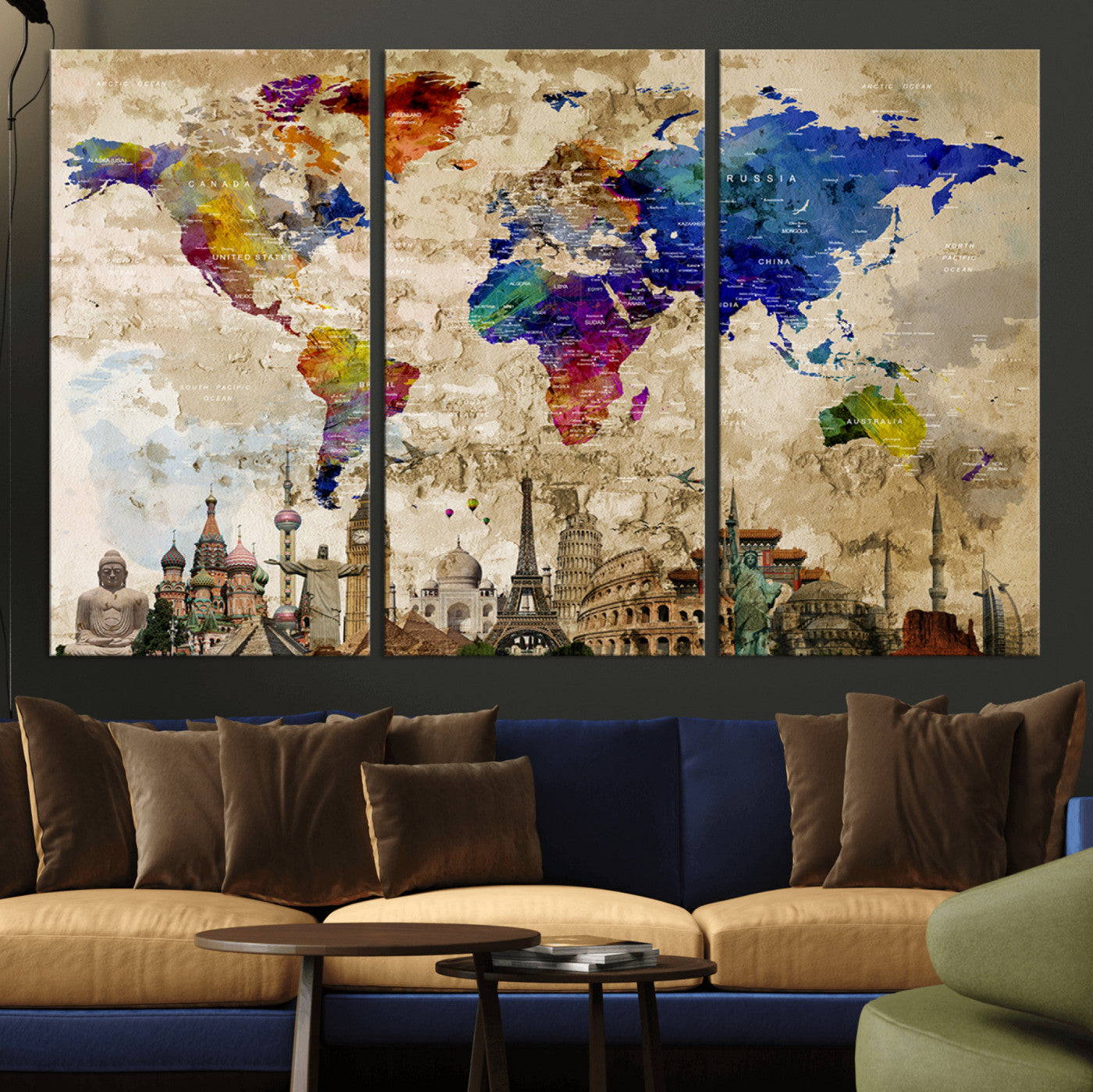 MGV-CV-48X32-3P - Push Pin World Map Canvas Print – Framed Wall Art for Couples to Track Their Travels – Anniversary