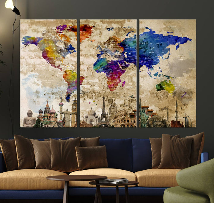 Artistic world map featuring landmarks like the Eiffel Tower, printed on premium wall art for office or living space.