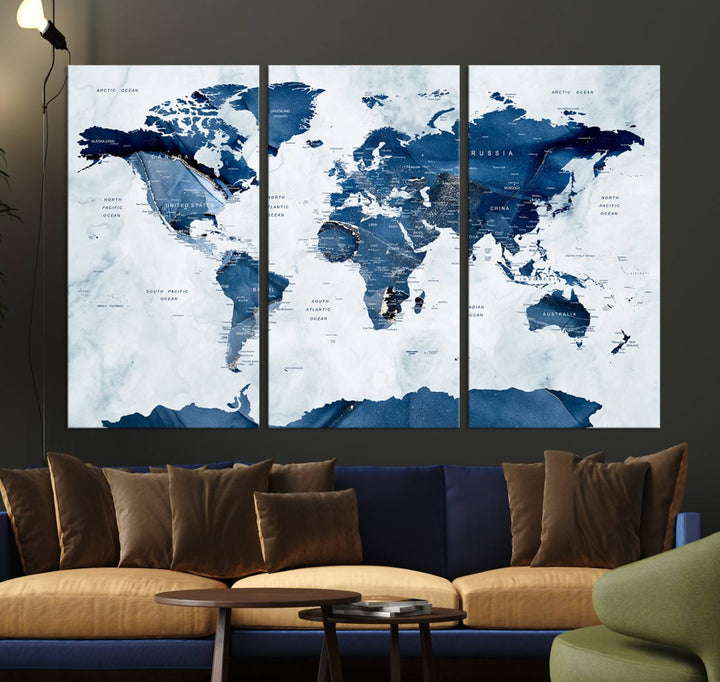 Navy Blue World Map with Antarctica Canvas: A perfect abstract home decor piece featuring a grunge-stained background.