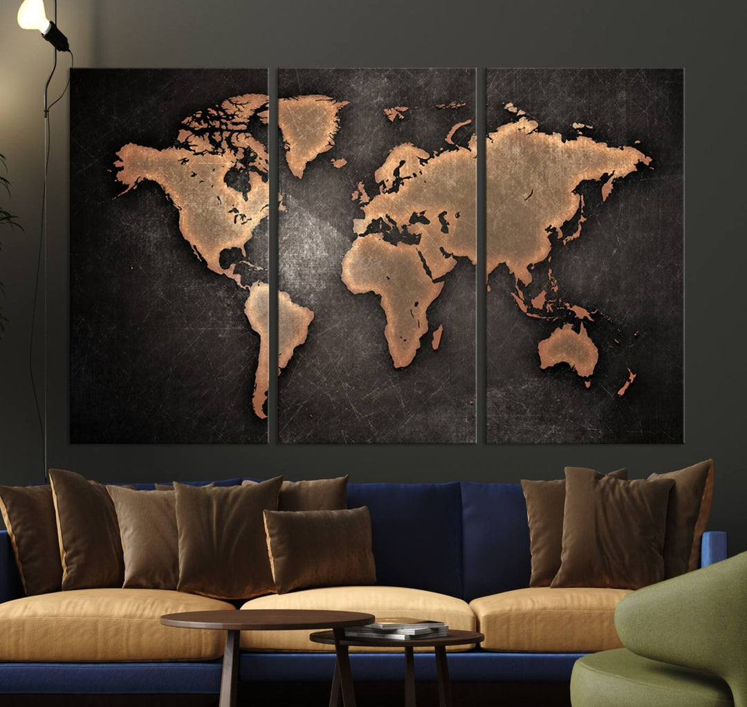 Maroon World Map Wall Art: Copper continents on a grunge-stained canvas, ideal for enhancing your decor.