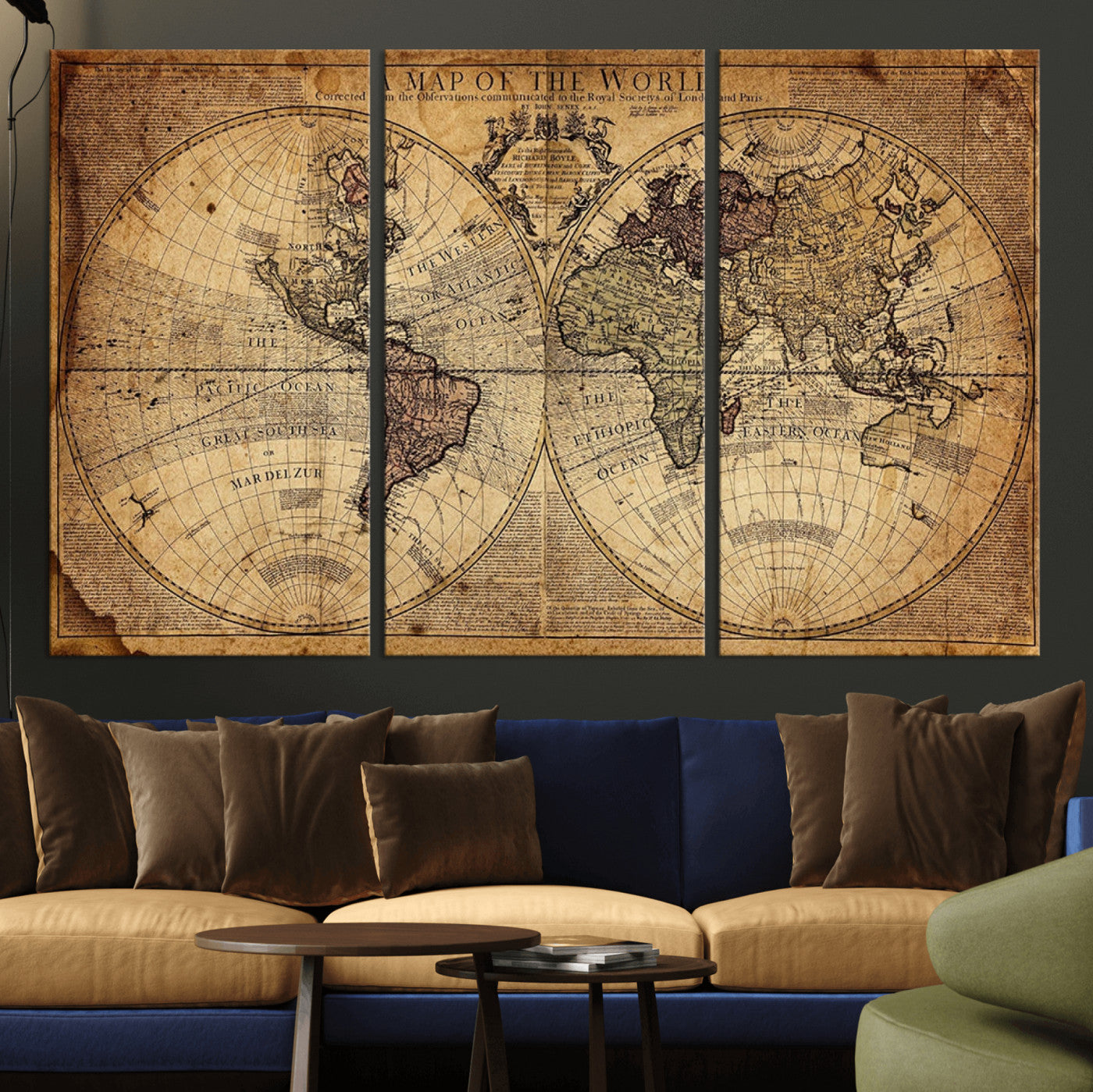 Ant1001-MGV-CV-36X24-Vintage World Map Wall Art Canvas – Antique Style Push Pin Travel Map, Framed Decorative Wall Decor for Home, Office