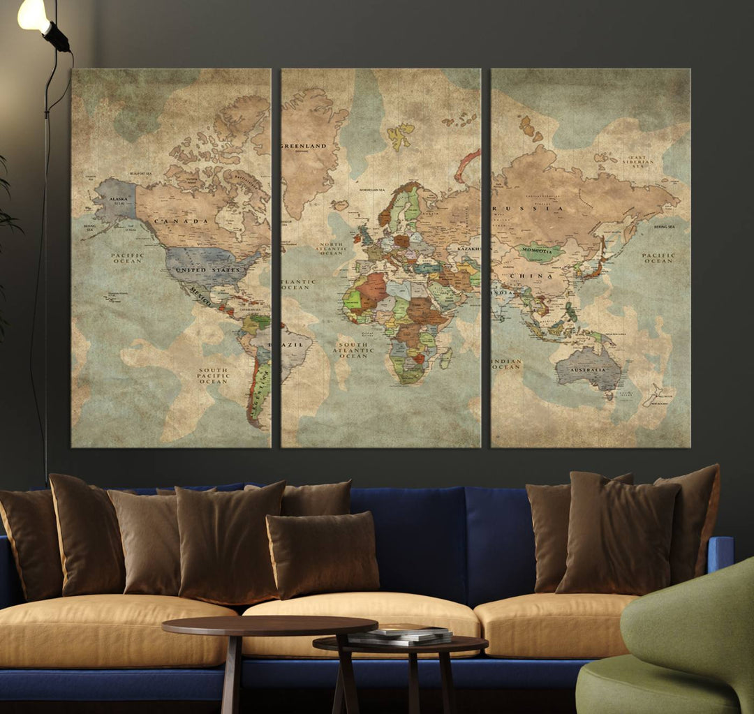 Vintage World Map Canvas Wall Art – Antique Triptych Map Print – Rustic Global Decor for Living Room or Office – Ready to Hang