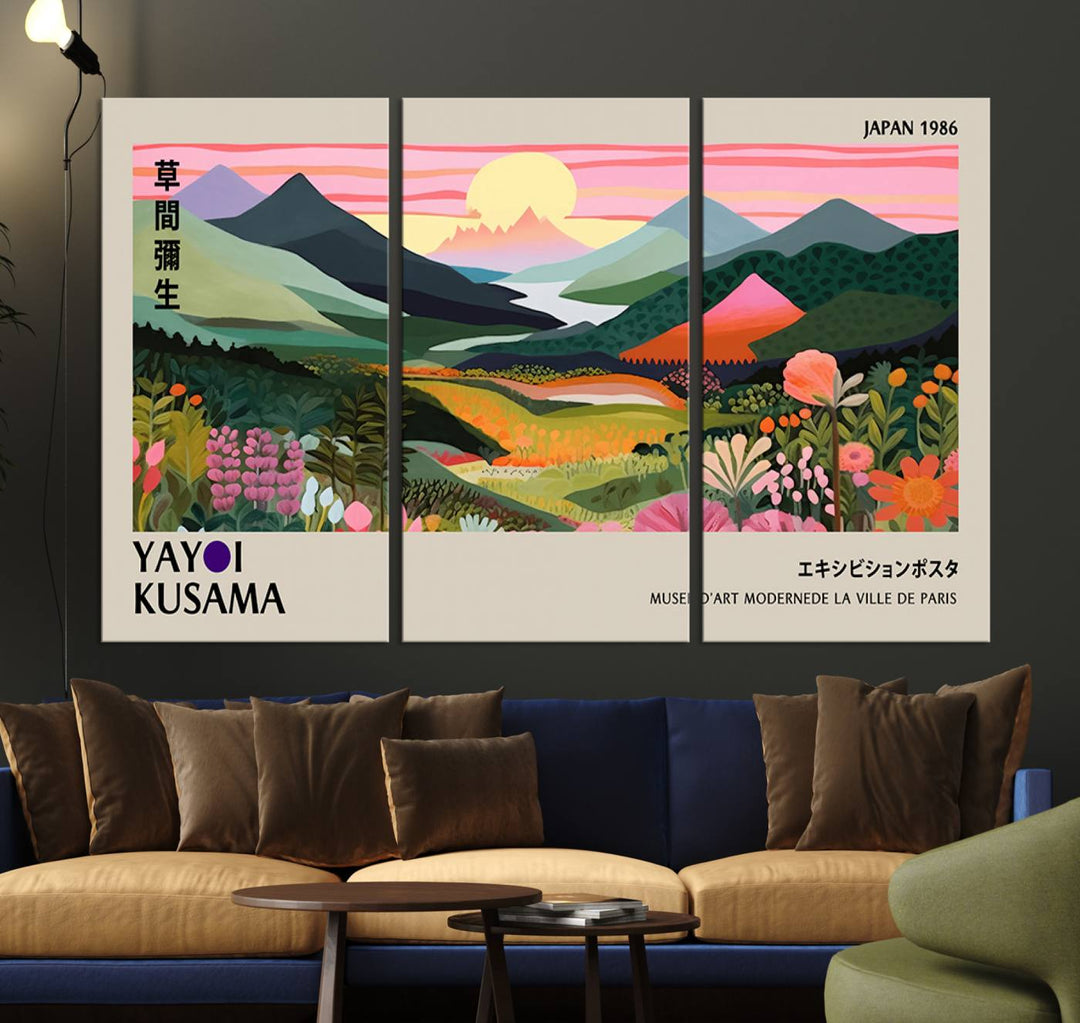 Vibrant abstract landscape canvas with mountains and fields, titled Yayoi Kusama 1986 Wall Art Print.