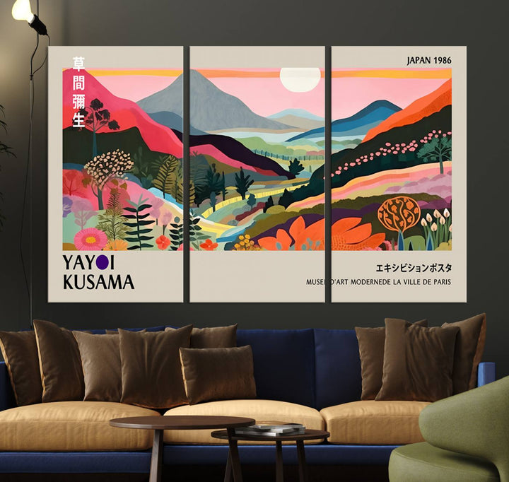 Vibrant abstract landscape canvas inspired by Yayoi Kusama, featuring mountains, trees, and flowers in a triptych style.