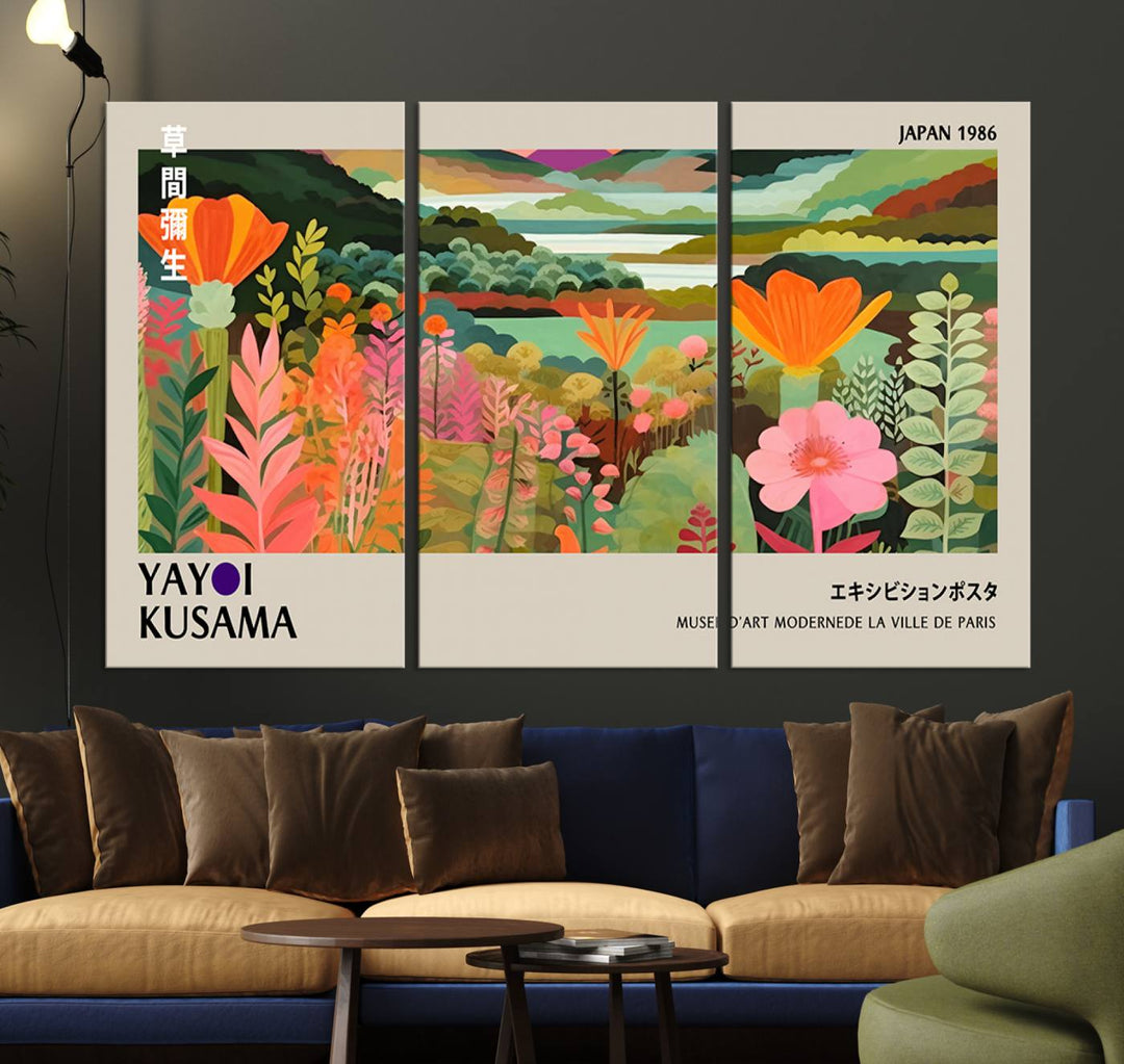 A vibrant 1986 Yayoi Kusama abstract landscape featuring flowers and hills on a canvas wall art print, ready-to-hang.