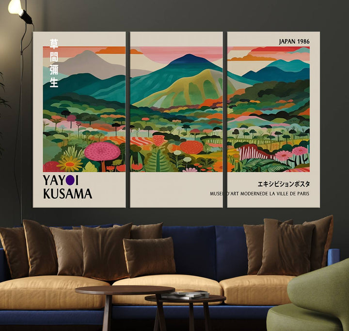 1986 Yayoi Kusama Art Print – Vibrant, abstract landscape featuring hills and trees in a Japanese Wabi Sabi style. Ready-to-hang.