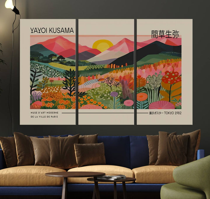 A vibrant abstract triptych features mountains, a sun, and plants in Yayoi Kusamas style with Japanese and French text included.