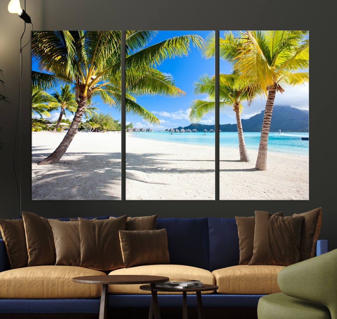 Blue Beach and Sea Wall Art Canvas Print: showcases a tropical scene with palm trees, white sand, and turquoise water.