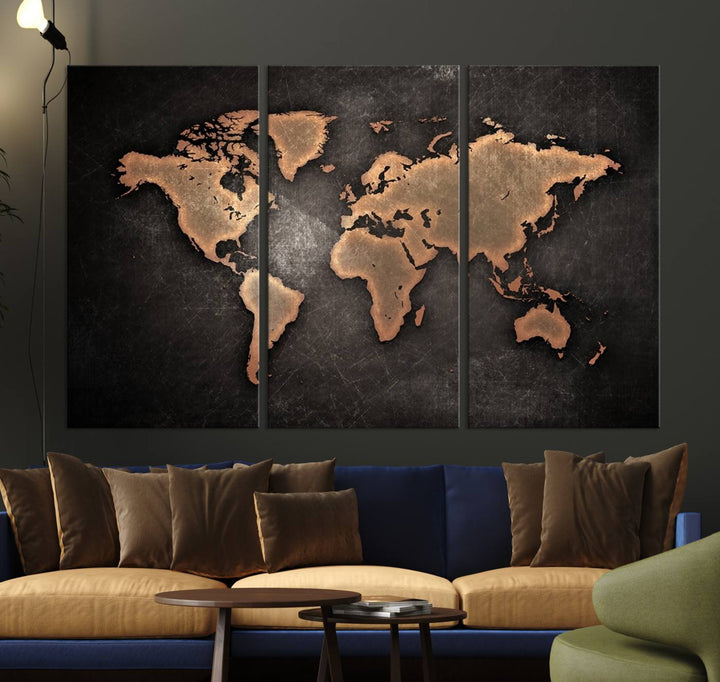 The Modern World Map on a metallic black canvas creates a striking effect.