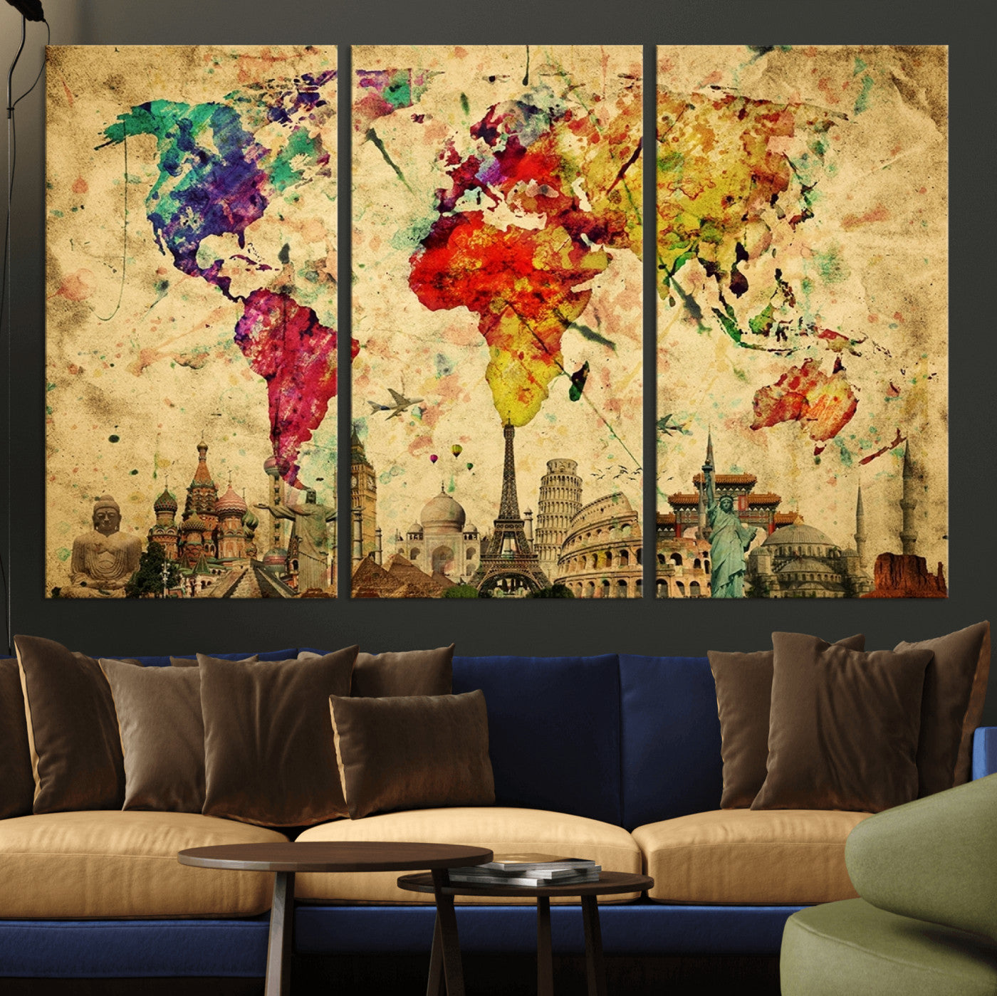 24467-MGV-CV-36X24-Colorful Watercolor World Map Canvas Wall Art – Framed Landmark Travel Map Print, Vibrant Global Artwork for Home and Office Decor