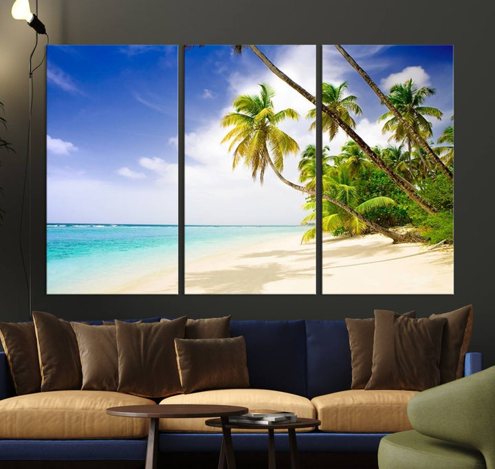 Tropical Beach Canvas: Palm Trees & White Sand Shore Decor, Vibrant Coastal Print, Ready to Hang.