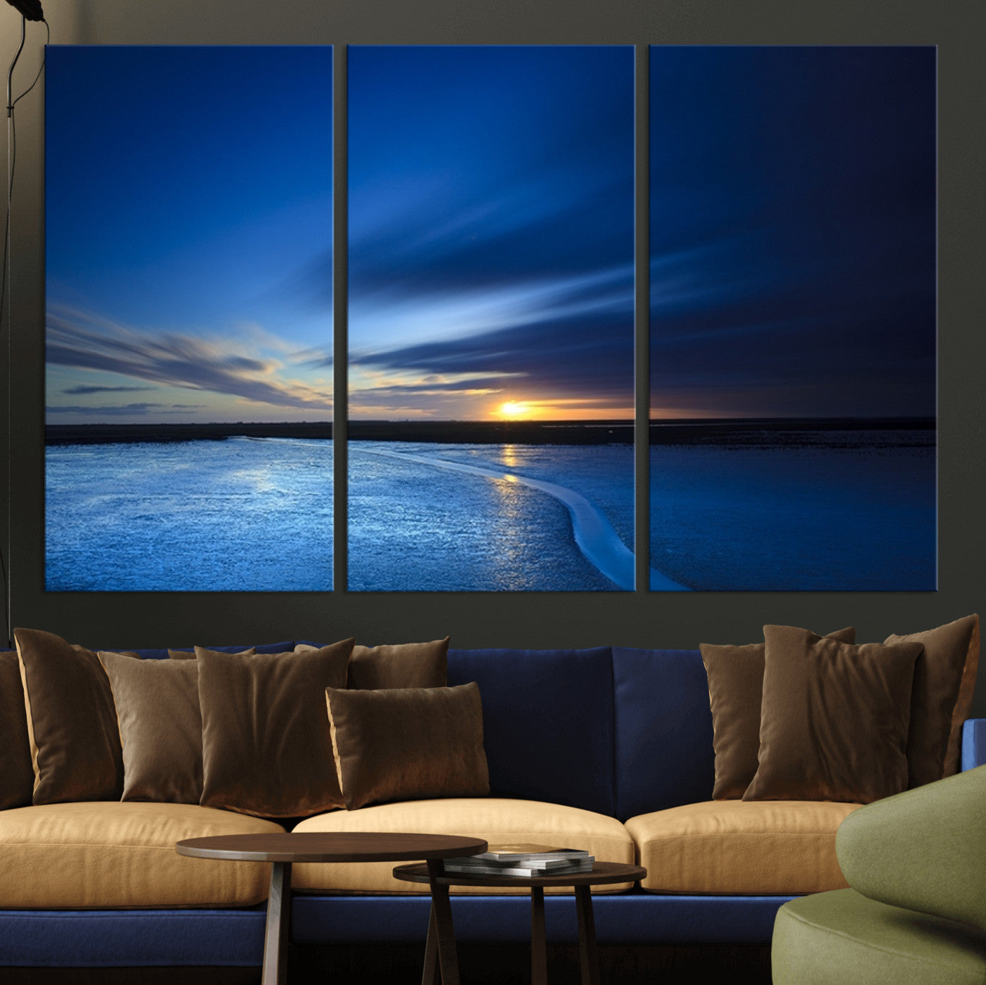 MGV-CV-48X32-3P - Blue Sunset Ocean Canvas Wall Art Print – Serene Coastal Horizon Wall Decor for Home or Office –