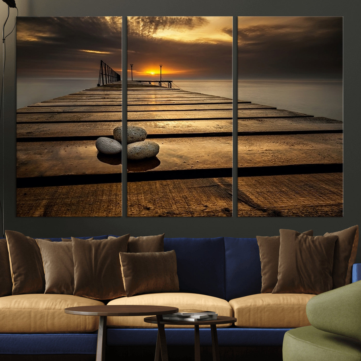 MGV-CV-48X32-3P - Stones on Wooden Pier at Sunset Canvas Print, Serene Coastal Wall Art, Beach Sunset Photography,