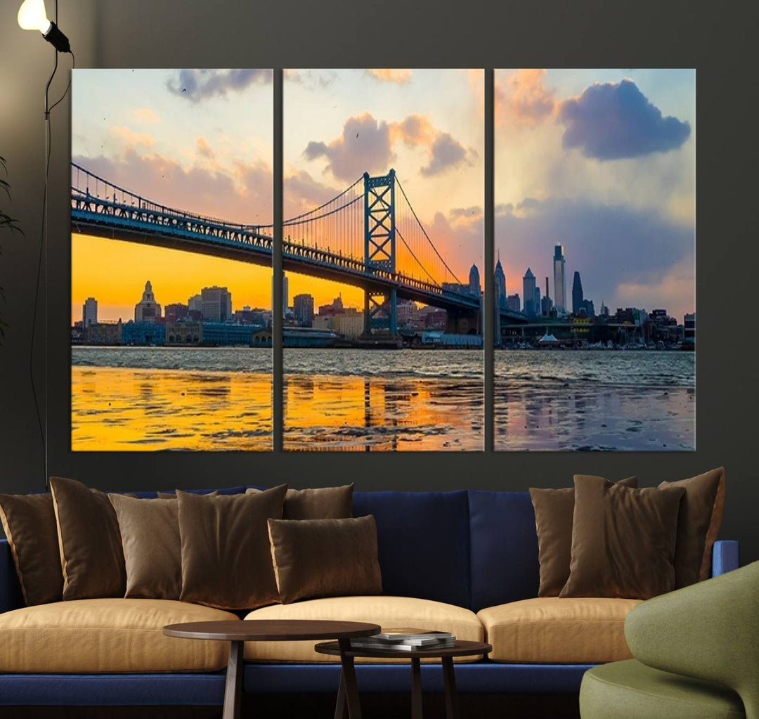 Ben Franklin Bridge Wall Art Print – Philadelphia Skyline Sunset Canvas Wall Art Canvas Print – Giclee City for Dining Room, Office or Living Room