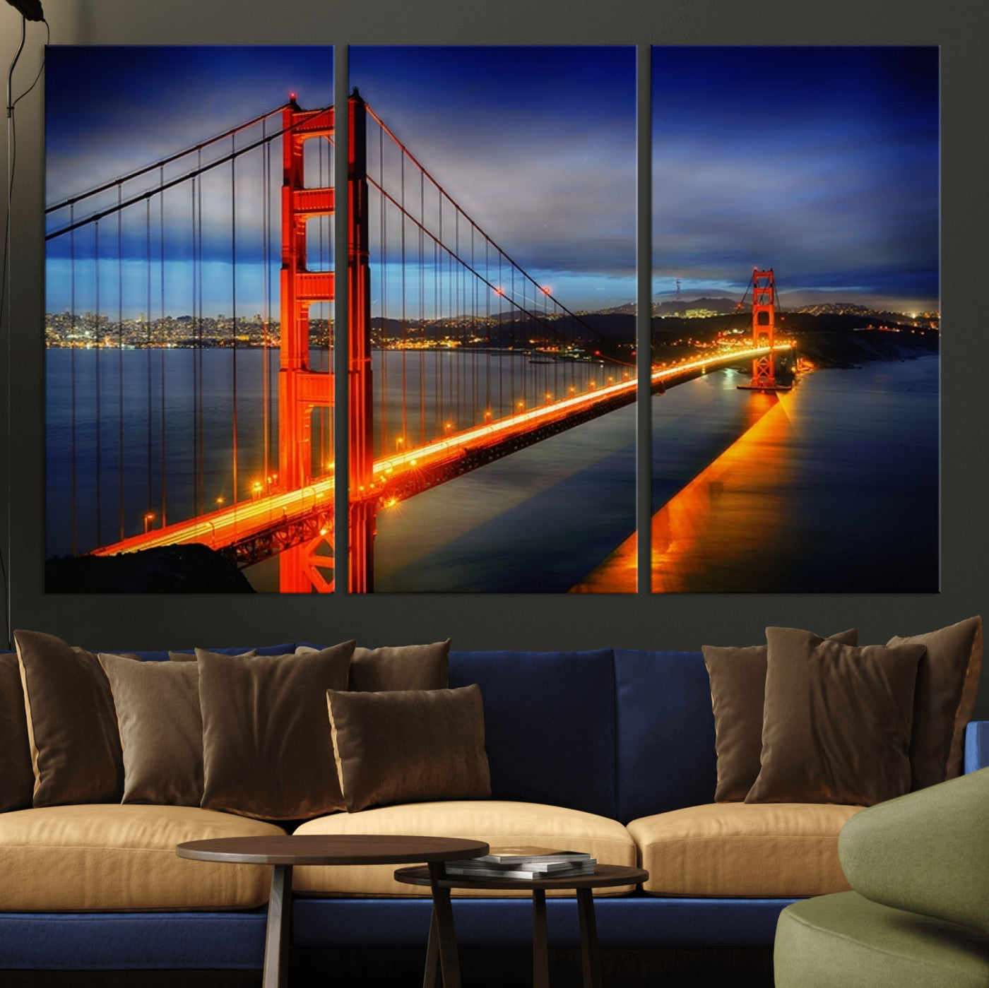 MGV-CV-48X32-3P - Large Wall Art San Francisco Canvas Print - Wonderful Golden Gate Bridge at Twilight