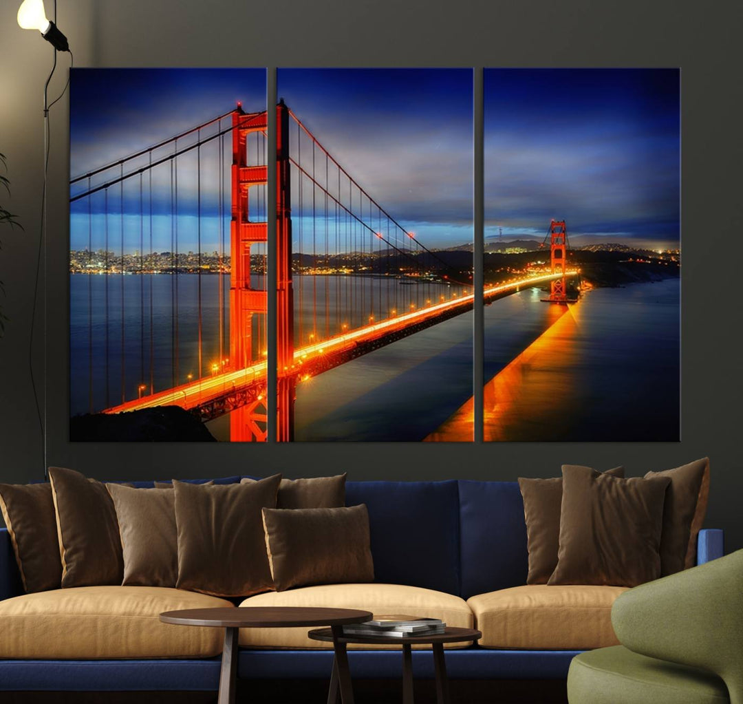 A large wall art San Francisco canvas print of the Golden Gate Bridge at twilight is displayed on a porch.