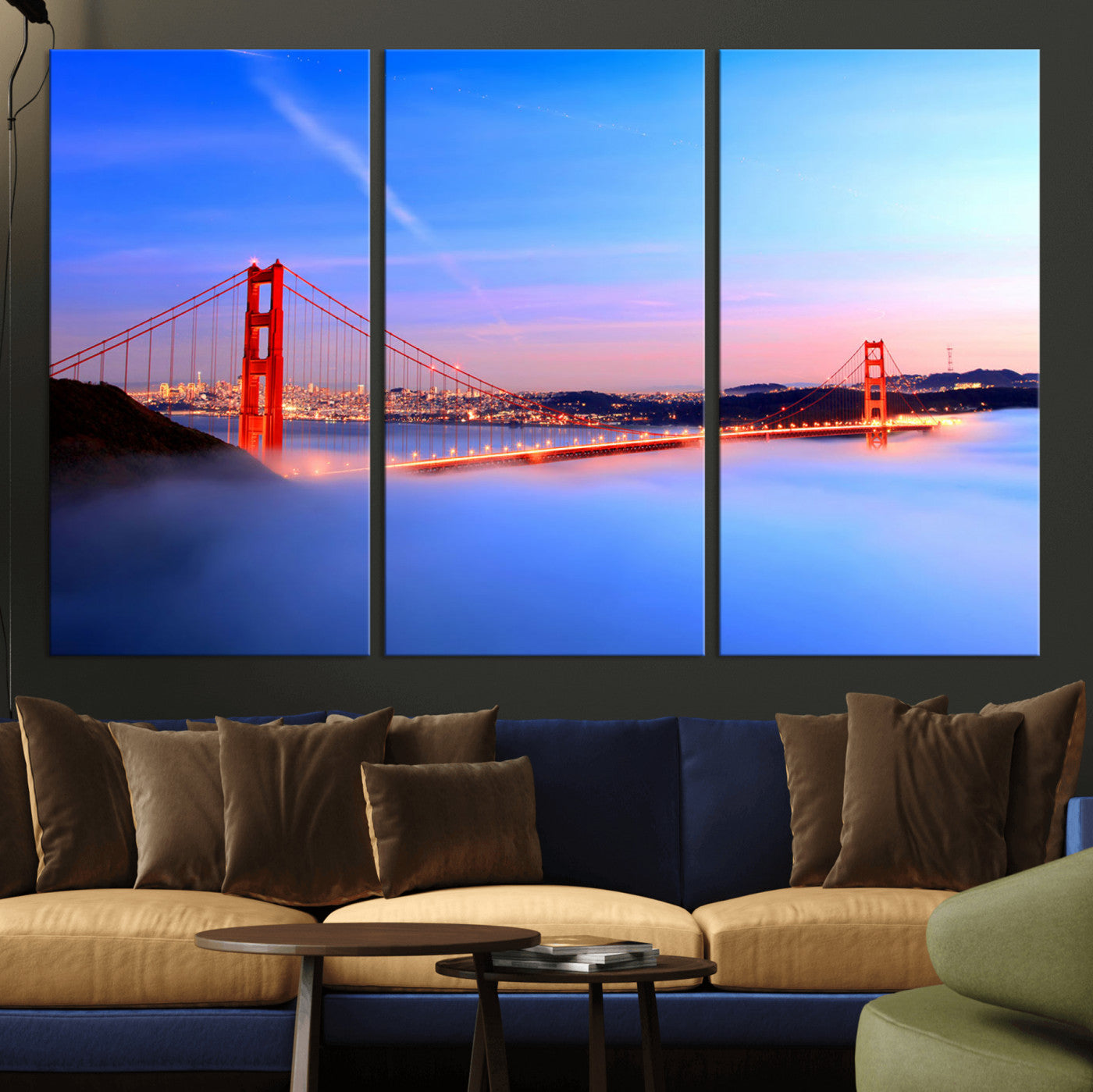 MGV-CV-48X32-3P - Golden Gate Bridge Wall Art Print, San Francisco Sunset Canvas Wall Art, Cityscape Canvas Print for