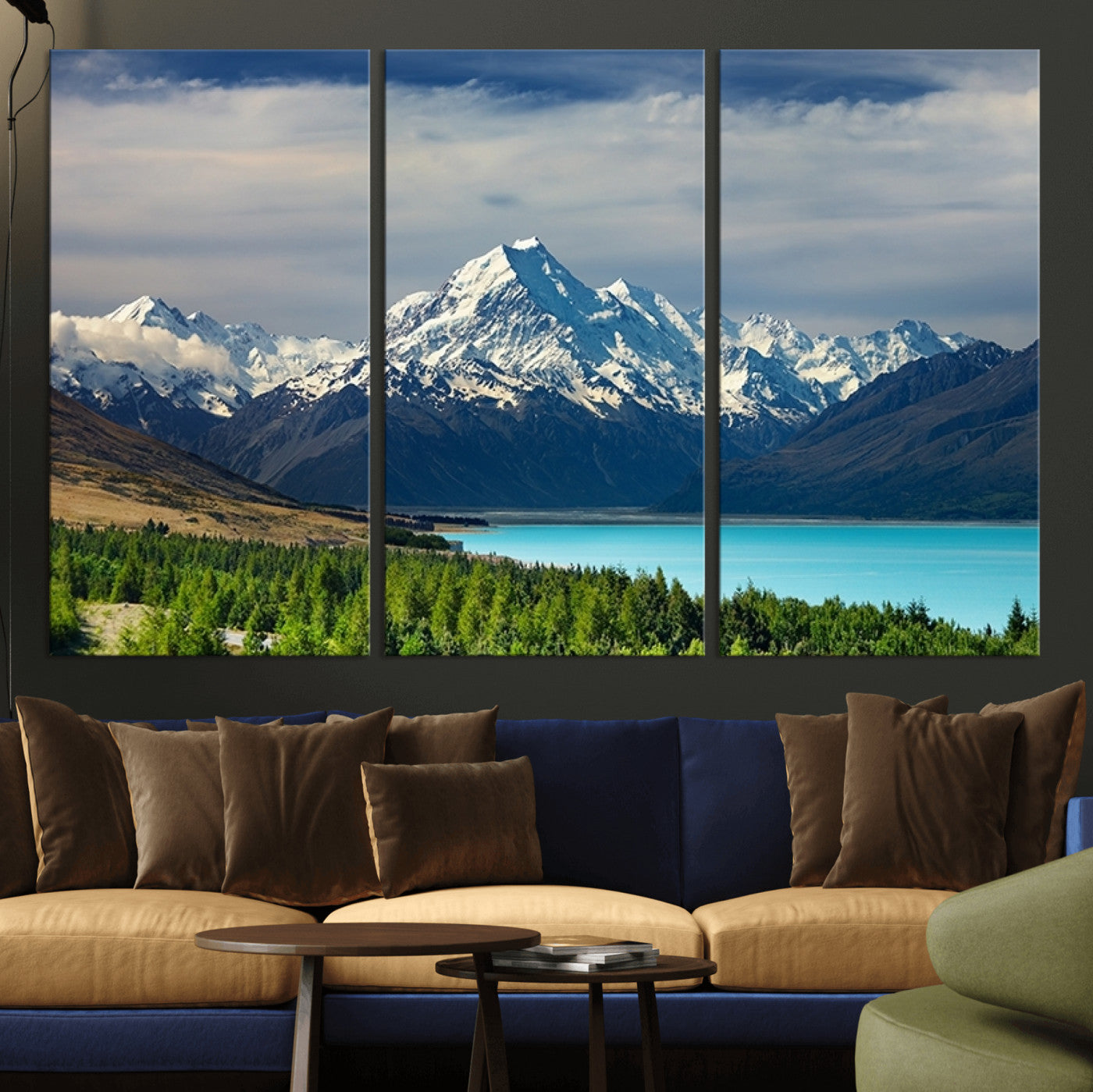 MGV-CV-48X32-3P - Mount Cook and Lake Pukaki Canvas Wall Art Print – Majestic Snow-Capped Peaks and Serene Lake Wall