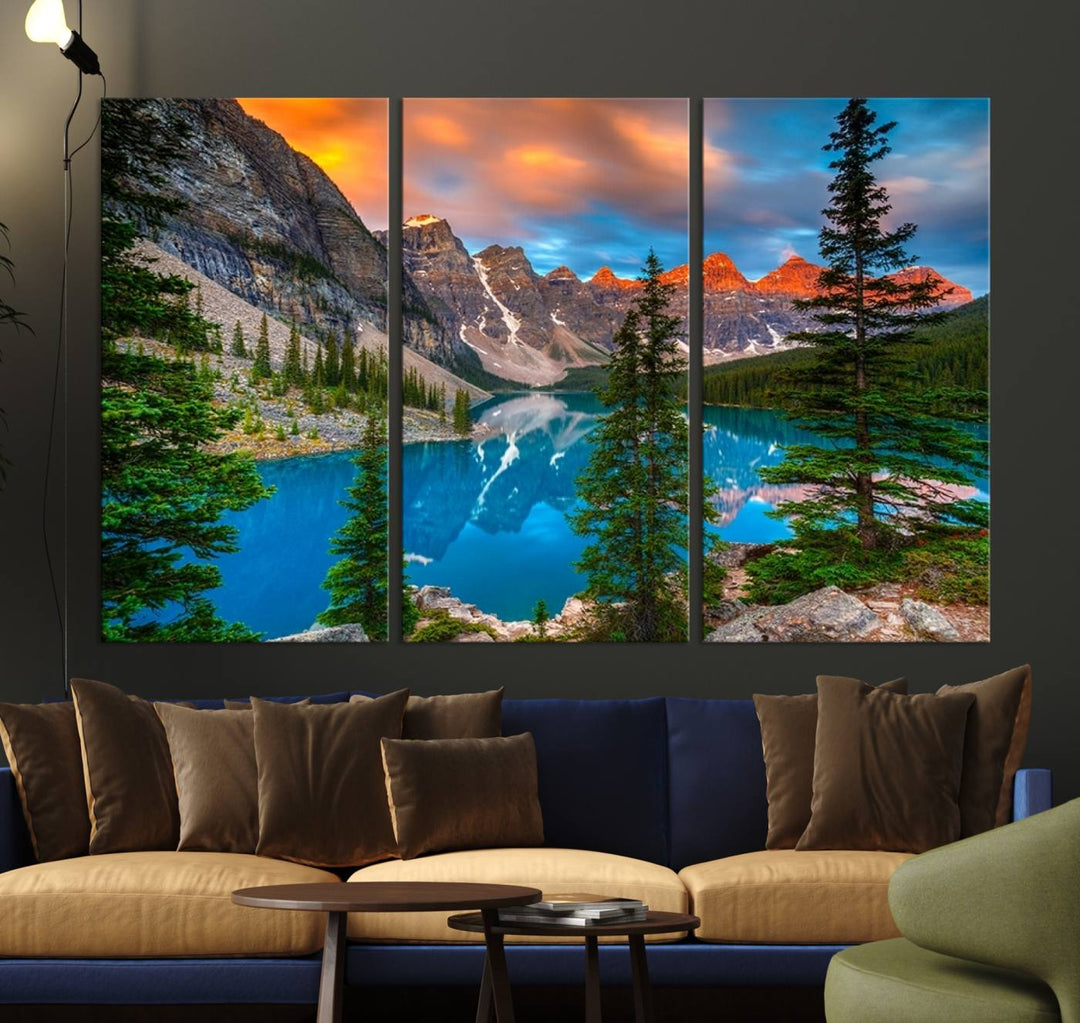 A kitchen featuring a Canadian Rockies Moraine Lake Wall Art Canvas Print displayed on the wall.