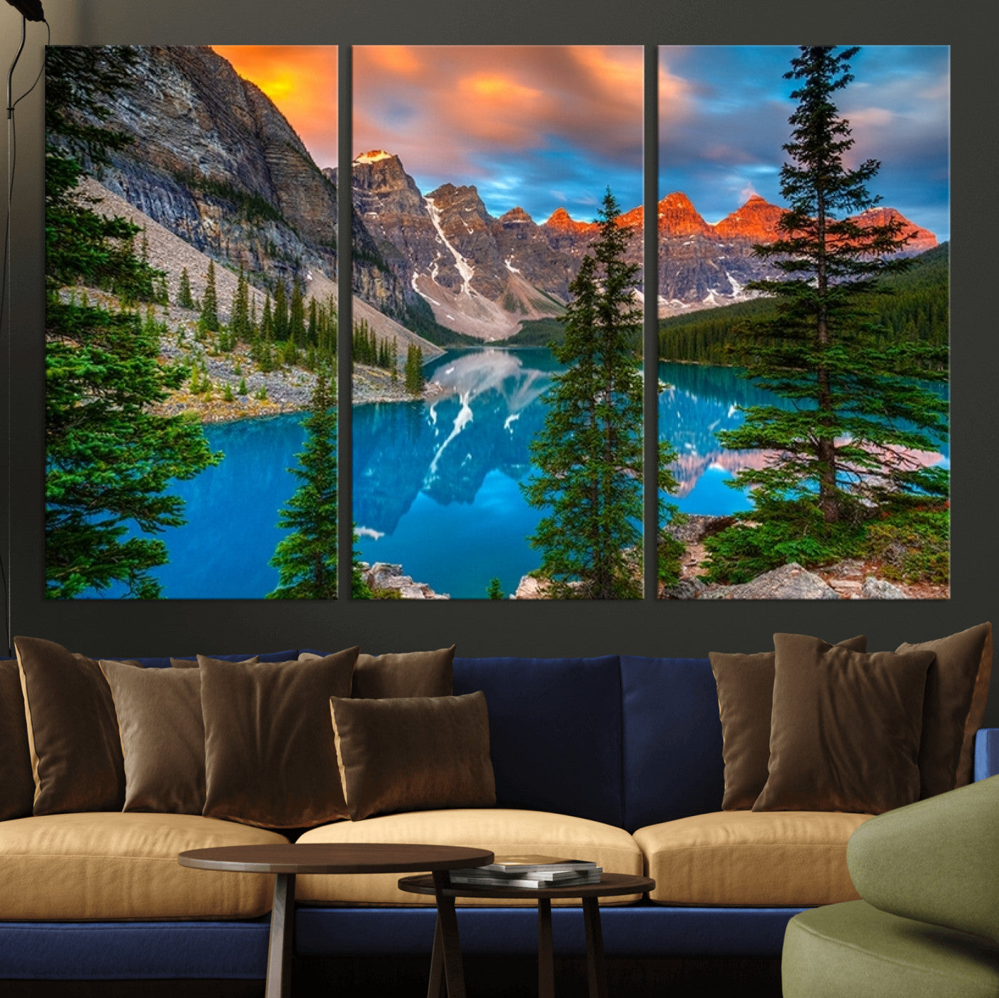MGV-CV-48X32-3P - Canadian Rockies Moraine Lake Wall Art Canvas Print, Pine Trees Mountain Spring Canvas Print