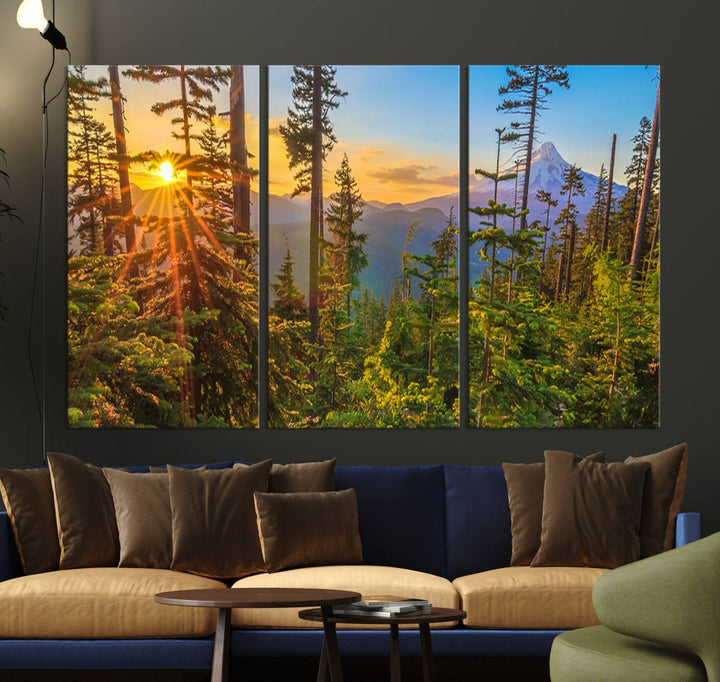 The kitchen features a Red Leaves on Trees landscape canvas print, perfect for nature lovers.