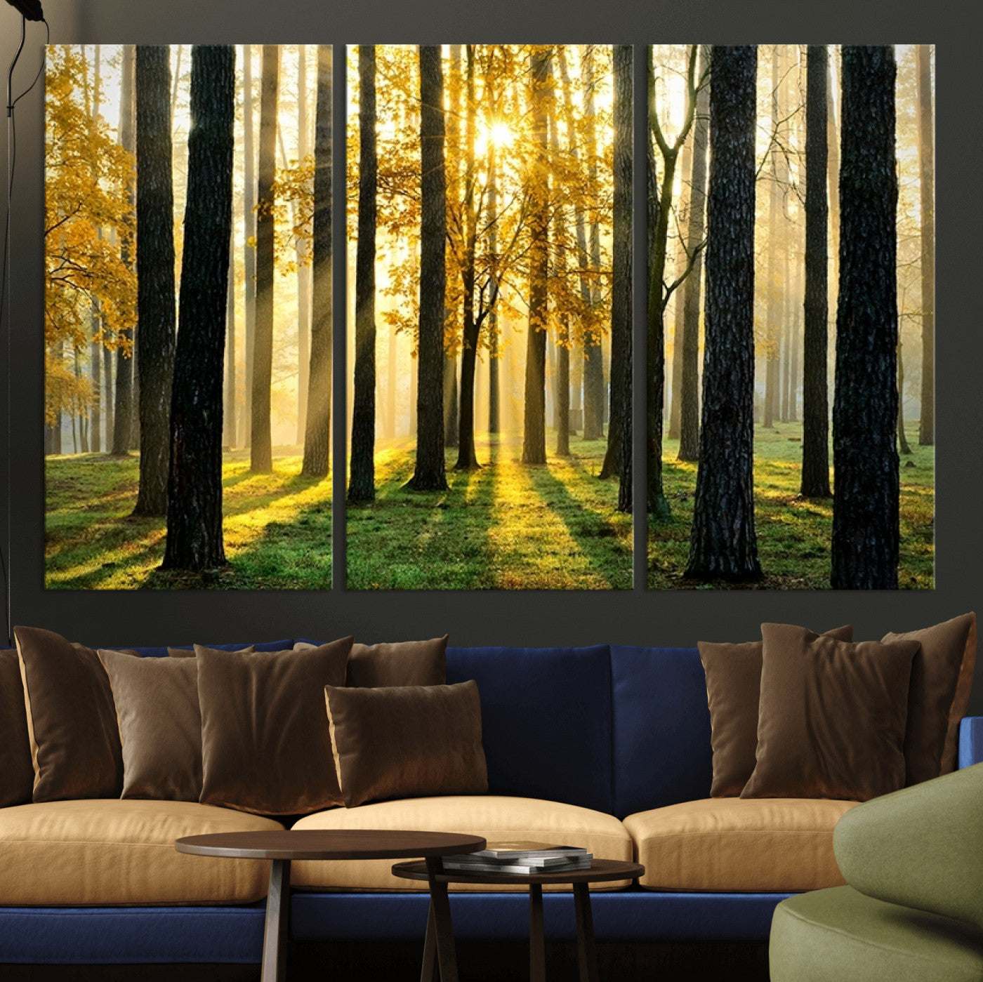 -Sunlit Forest Canvas Wall Art – Serene Woodland Triptych Landscape Print – Nature-Inspired Decor for
