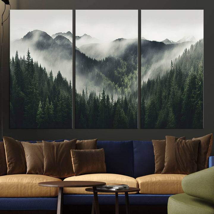 The Misty Forest Canvas Print Wall Art captures a serene misty forest scene with fog and mountains.