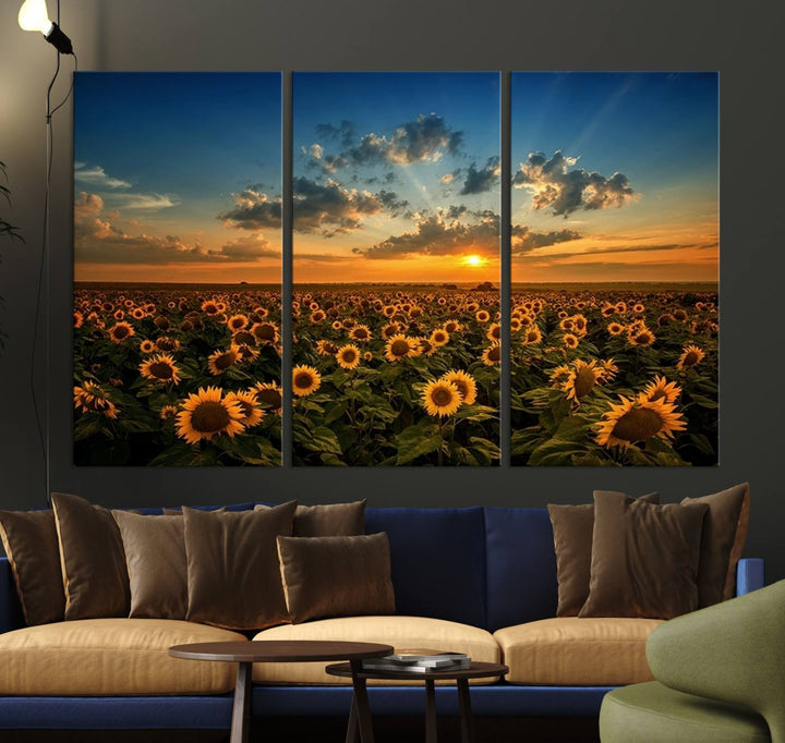 The dining area features the Sunflower Field Sunset Wall Art Canvas Print.