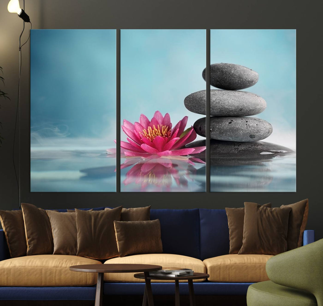 The dining room features a Zen Serenity Triptych wall art, showcasing a calming depiction of lotus flowers and balancing stones.