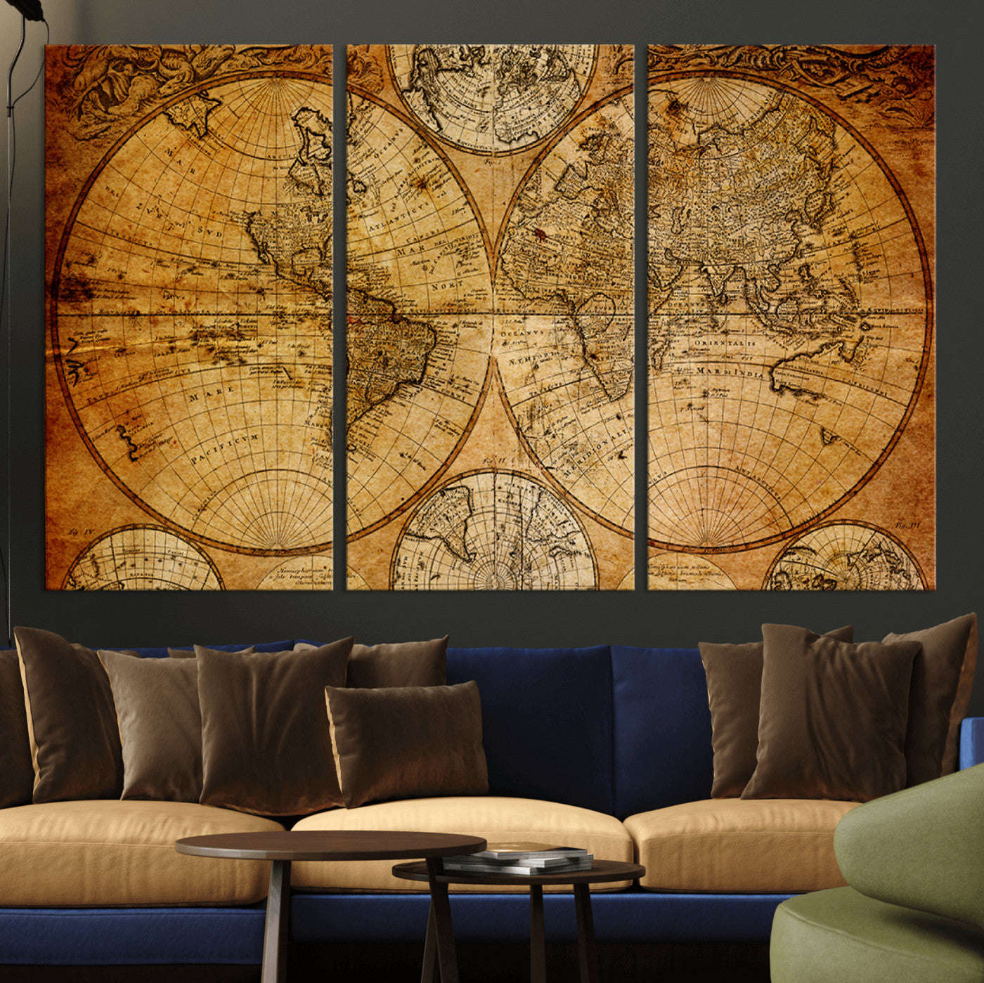 25517-MGV-CV-48X32-3P - Vintage World Map Canvas Print – Antique Push Pin Travel Map, Framed Wall Art for Home or Office Decor