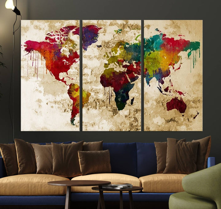 Wall Art World Map Canvas Print Rainbow Colored Vintage Style World Map