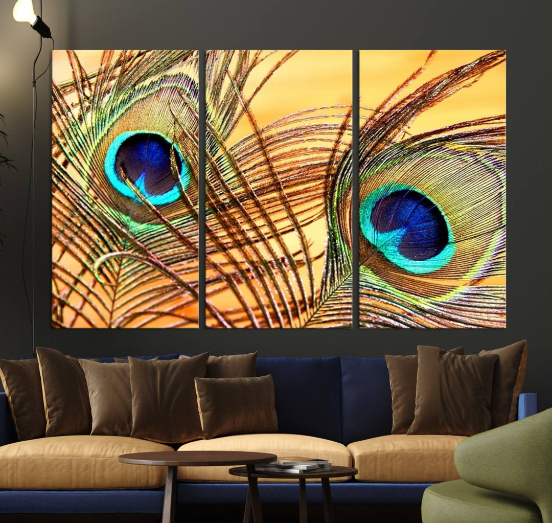 The room features vibrant peacock feather wall art.