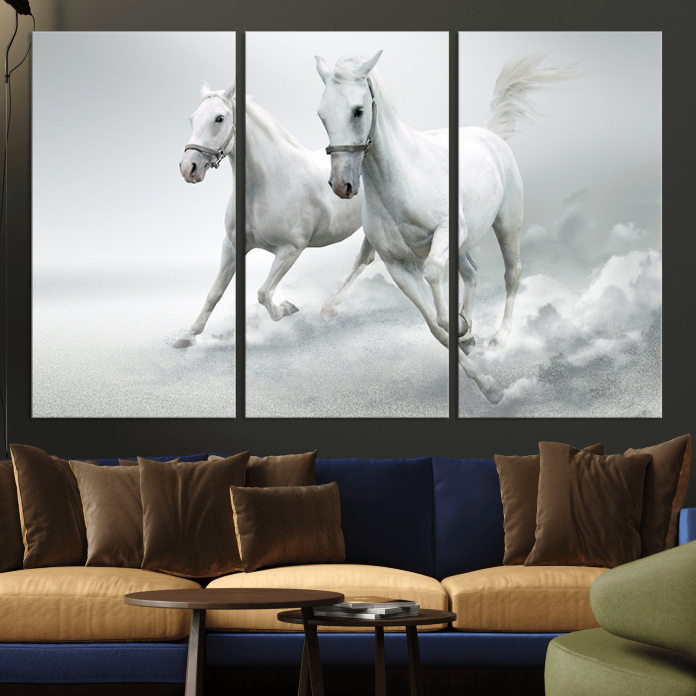 99992-MGV-CV-36X24-Large Wall Art Canvas Print – Beautiful Running White Horses Animal Artwork for Home, Office, Living Room
