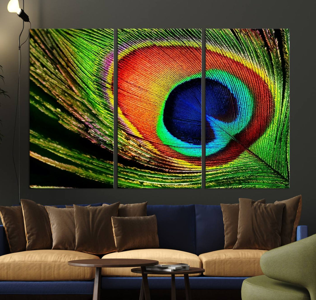 The Colorful Peacock Feather Wall Art Print graces the wall.