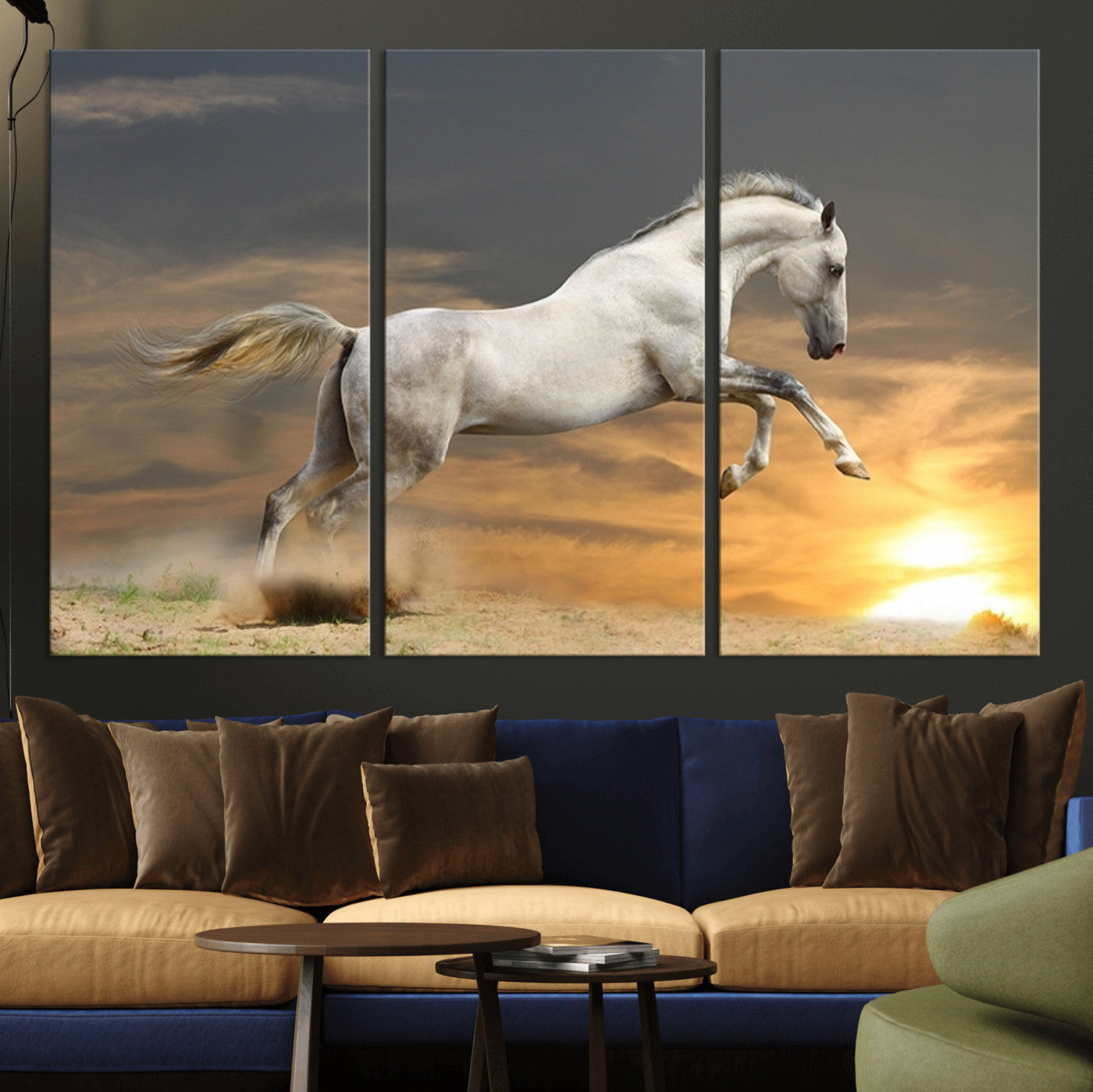 96845-MGV-CV-36X24-Large Wall Art Canvas Print – White Jumping Horse Sunset Scene Animal Artwork for Home, Office, Living Room Decor