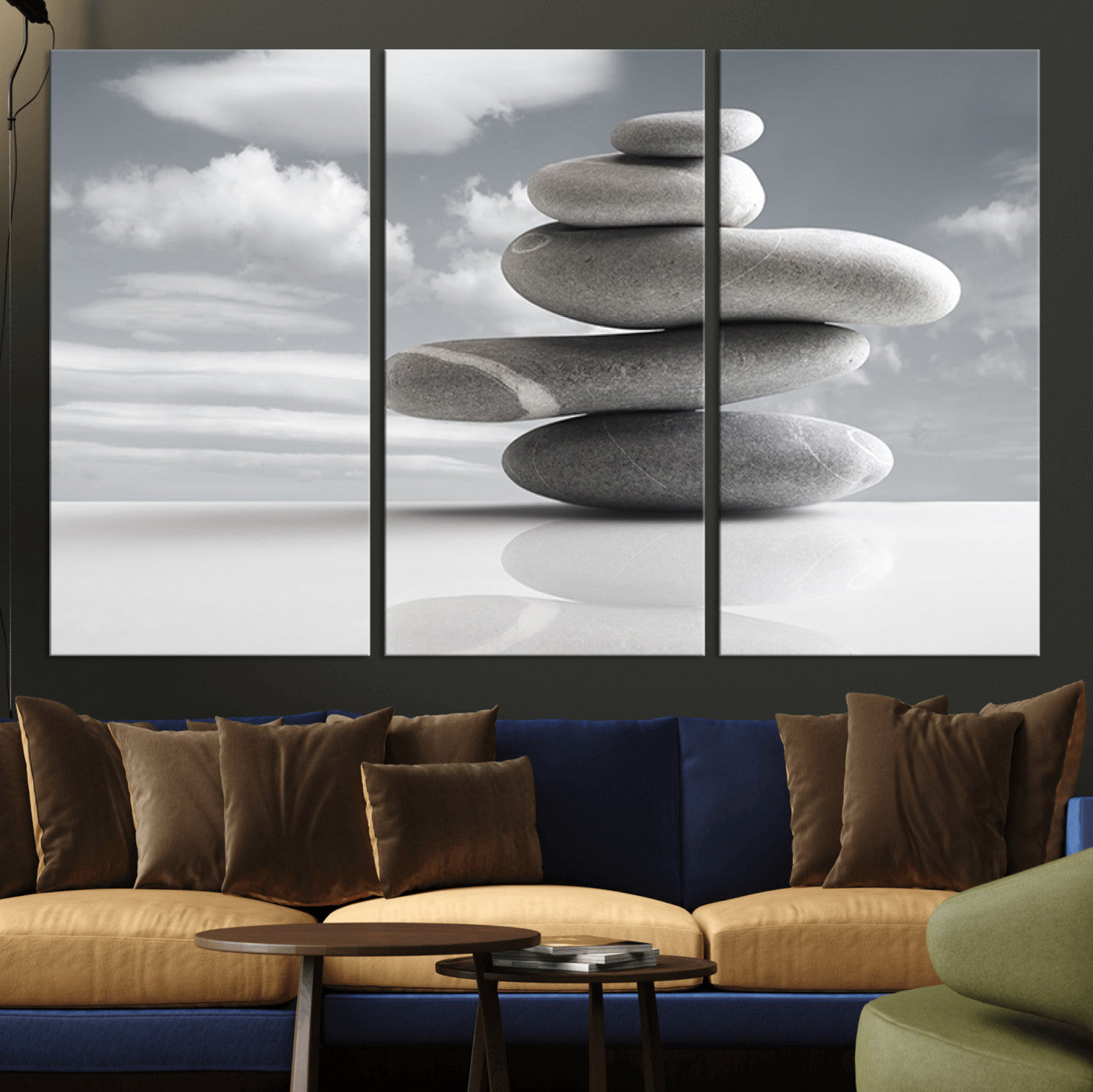 14496-MGV-CV-48X32-3P-Still Life Black and White Zen Stones Wall Art Canvas, Framed Black and White Zen Stones Canvas