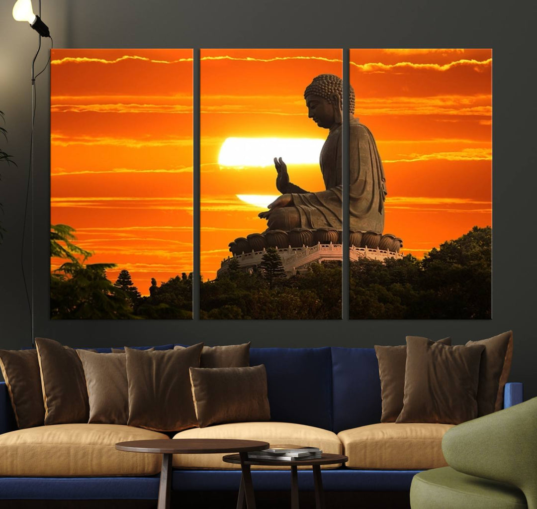 The Buddha Statue at Sunset canvas print adds serenity to the space.