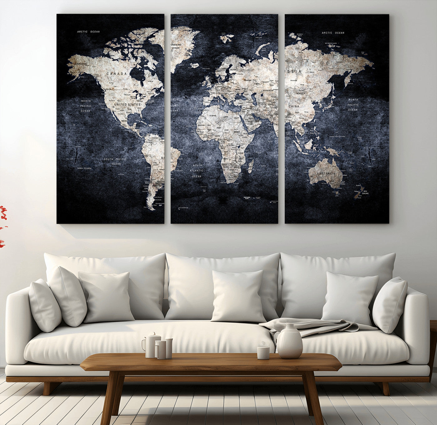 82598-MGV-CV-36X24-Modern Dark World Map Canvas Print – Framed Push Pin Wall Art, Elegant Travel Map Decoration for Home Office or Living Room Decor