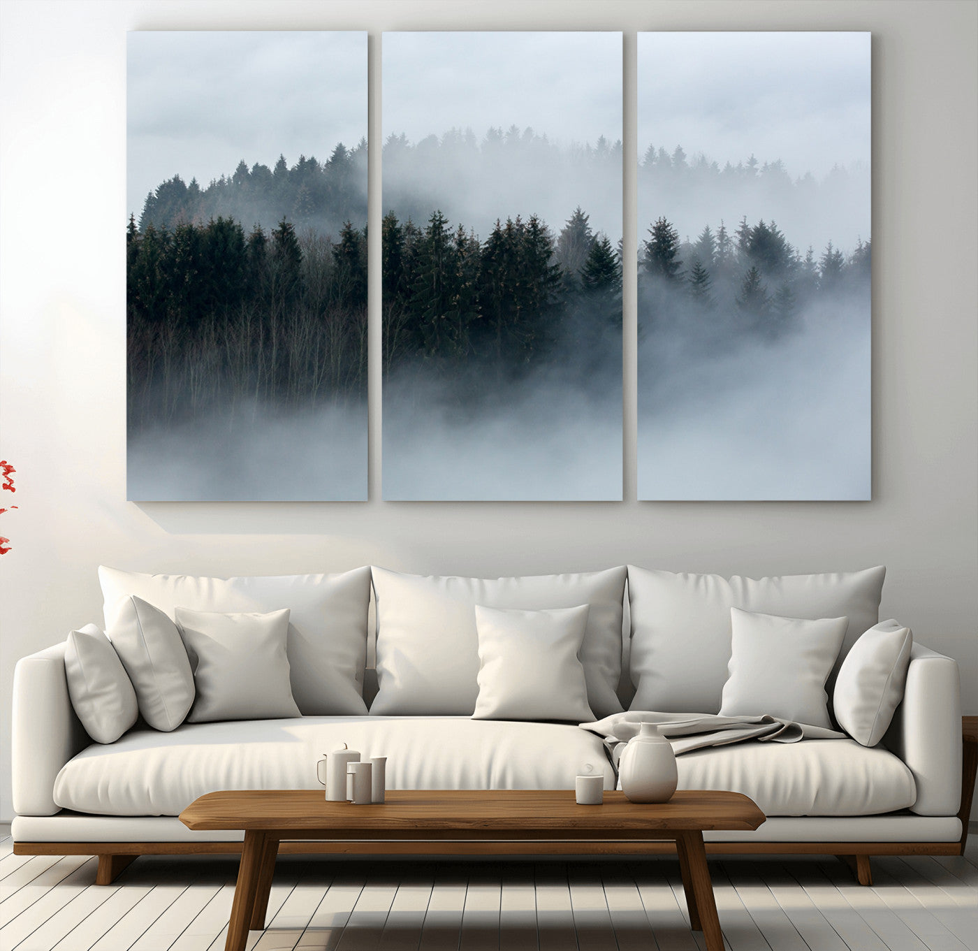 42596-MGV-CV-48X32-3P-Autumn and Misty Trees in the Forest Wall Art Canvas Print, Foggy Forest Mountain Wall Art Canvas