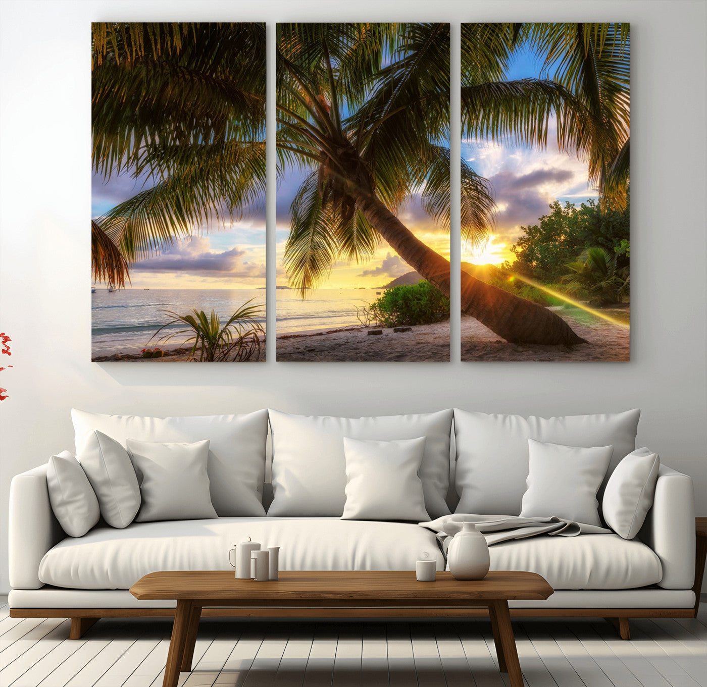 MGV-CV-48X32-3P - Tropical Island Sunset on the Beach Palms Wall Art Canvas Print