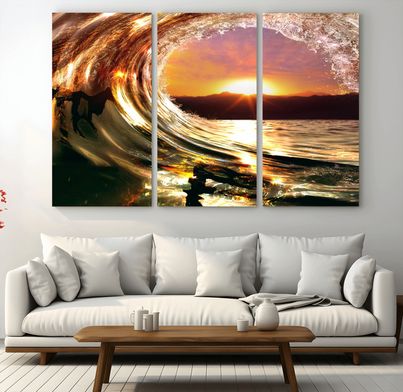 MGV-CV-48X32-3P - Golden Wave Sunset Triptych Canvas Art, Giclee Canvas Print of Ocean Wave and Sunset, Framed Ocean